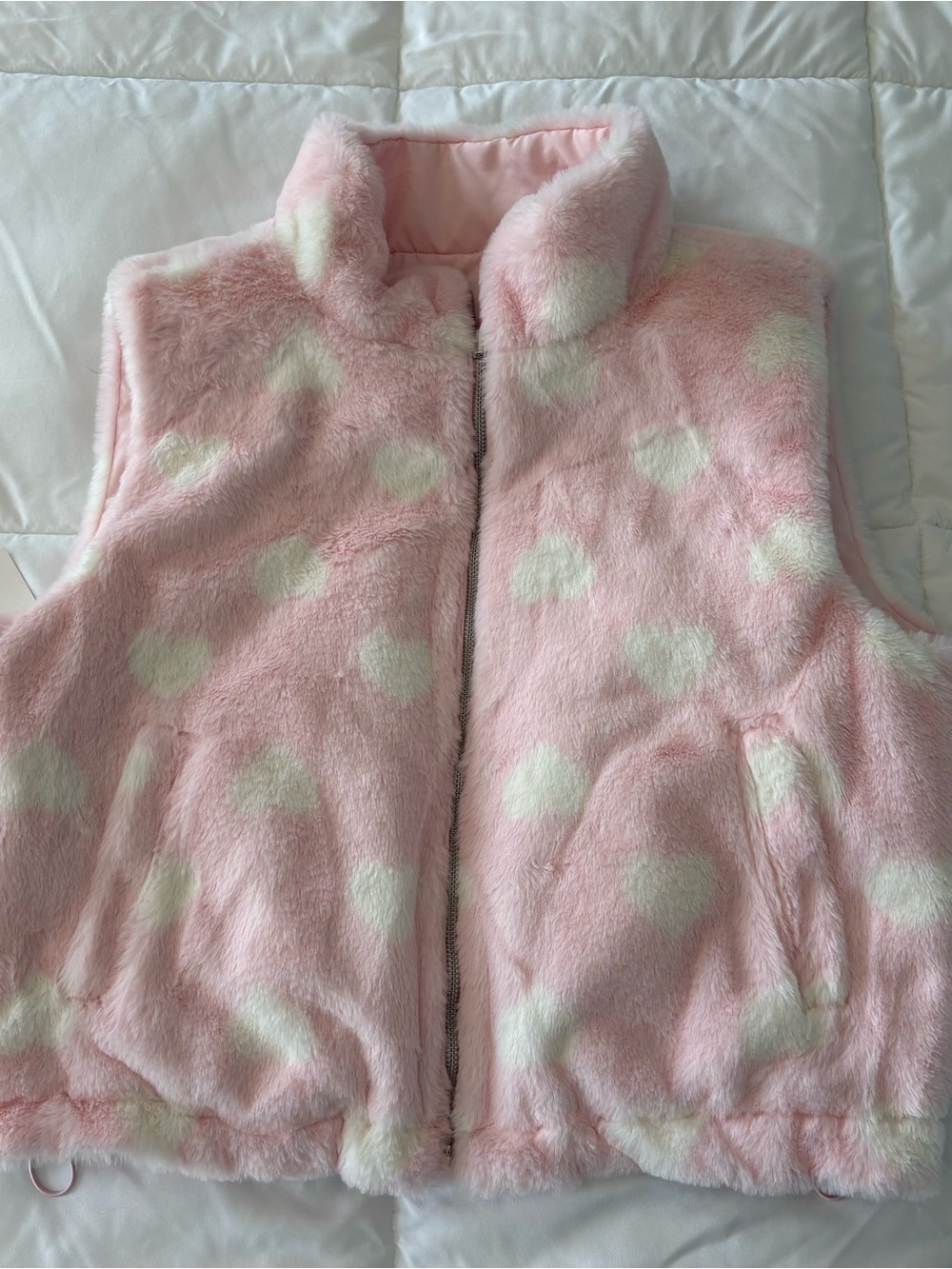 SINCERELY JULES soft cozy reversible faux fur vest pink white hearts L NWT